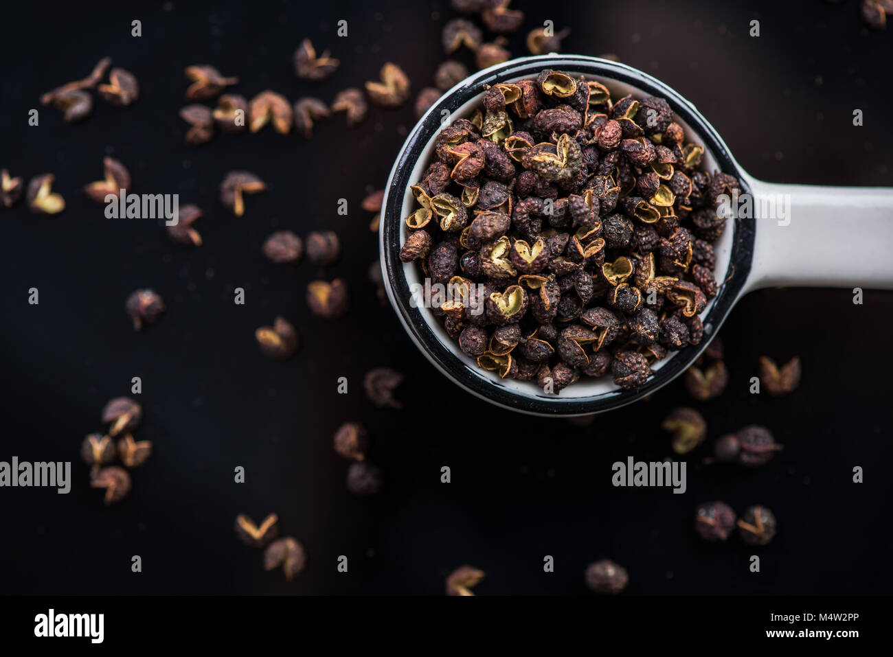 Cucchiaio in ceramica con Timut nepalese di semi di pepe Foto Stock