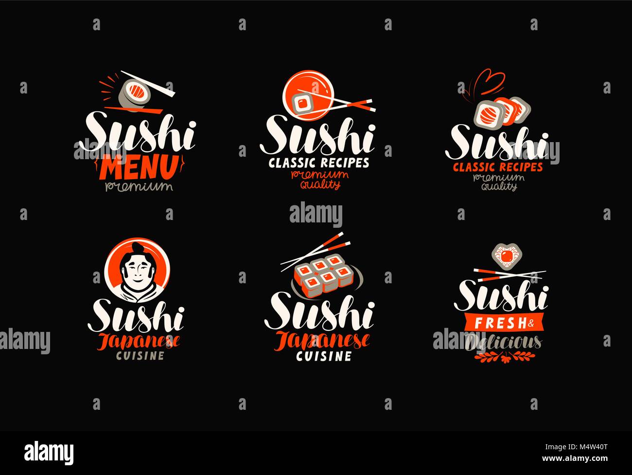 Sushi, Sashimi, cucina giapponese logo o etichetta. Corredo di elementi per il menu del ristorante di design. Illustrazione Vettoriale Illustrazione Vettoriale