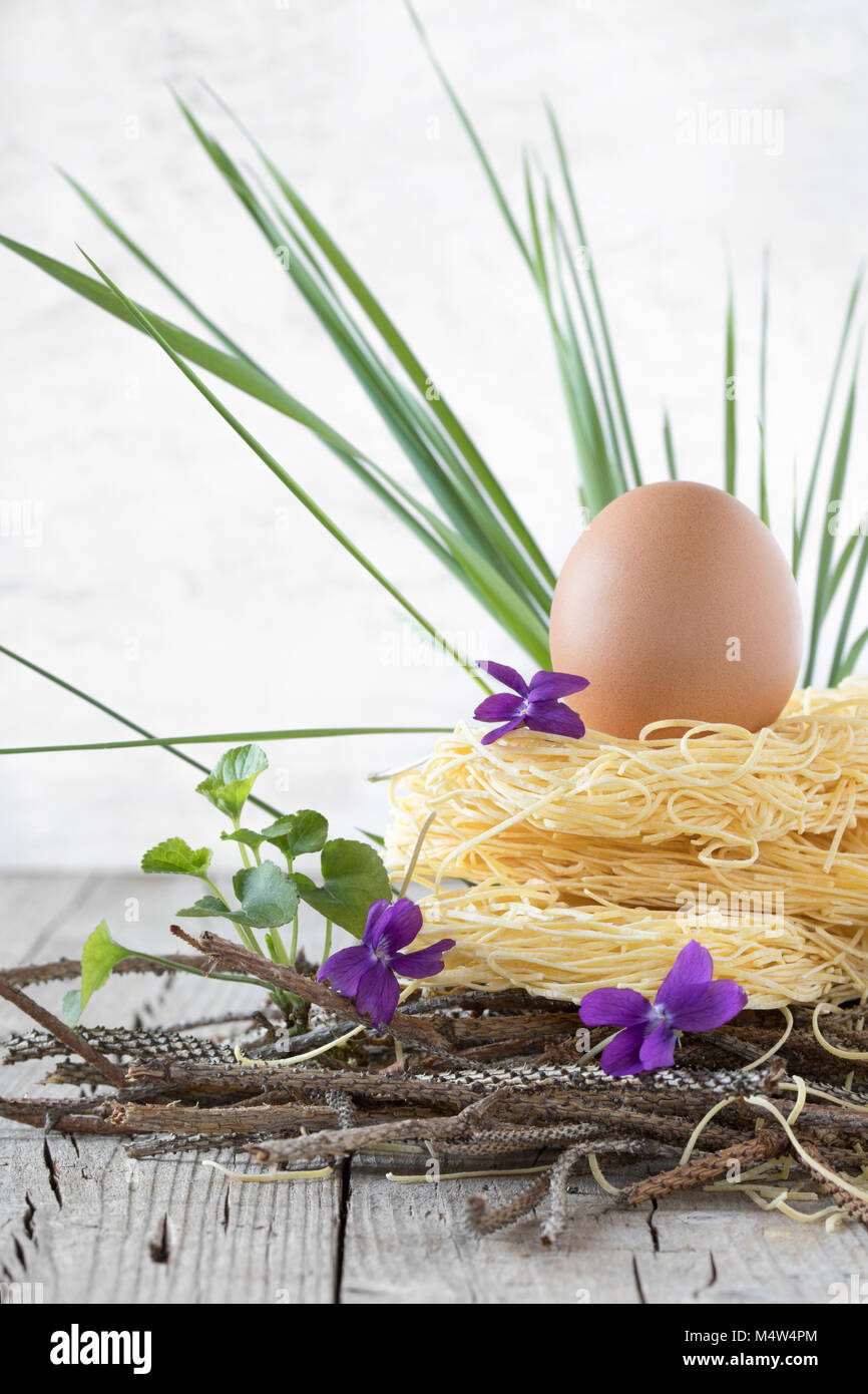Nido di pasta con l'uovo, verde gras e violette, crudo ingredienti della cucina italiana della stagione primaverile. Foto Stock