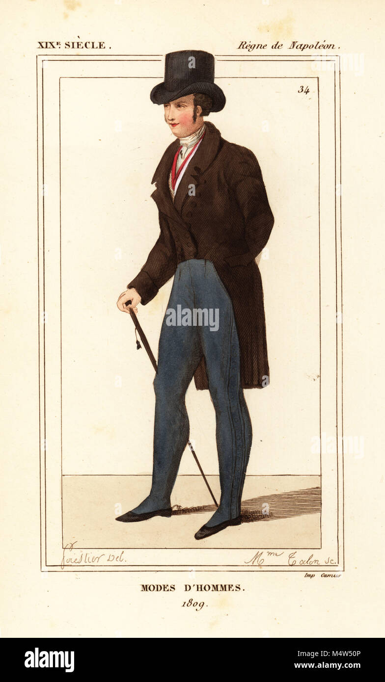 Uomini francesi di moda, epoca napoleonica, 1809. Illustrazione di Forester, litografia da Madame Coclon da Le Bibliophile Jacob aka Paul Lacroix i costumi Historiques de la France (costumi storici della Francia), Amministrazione de Librairie, Parigi, 1852. Foto Stock