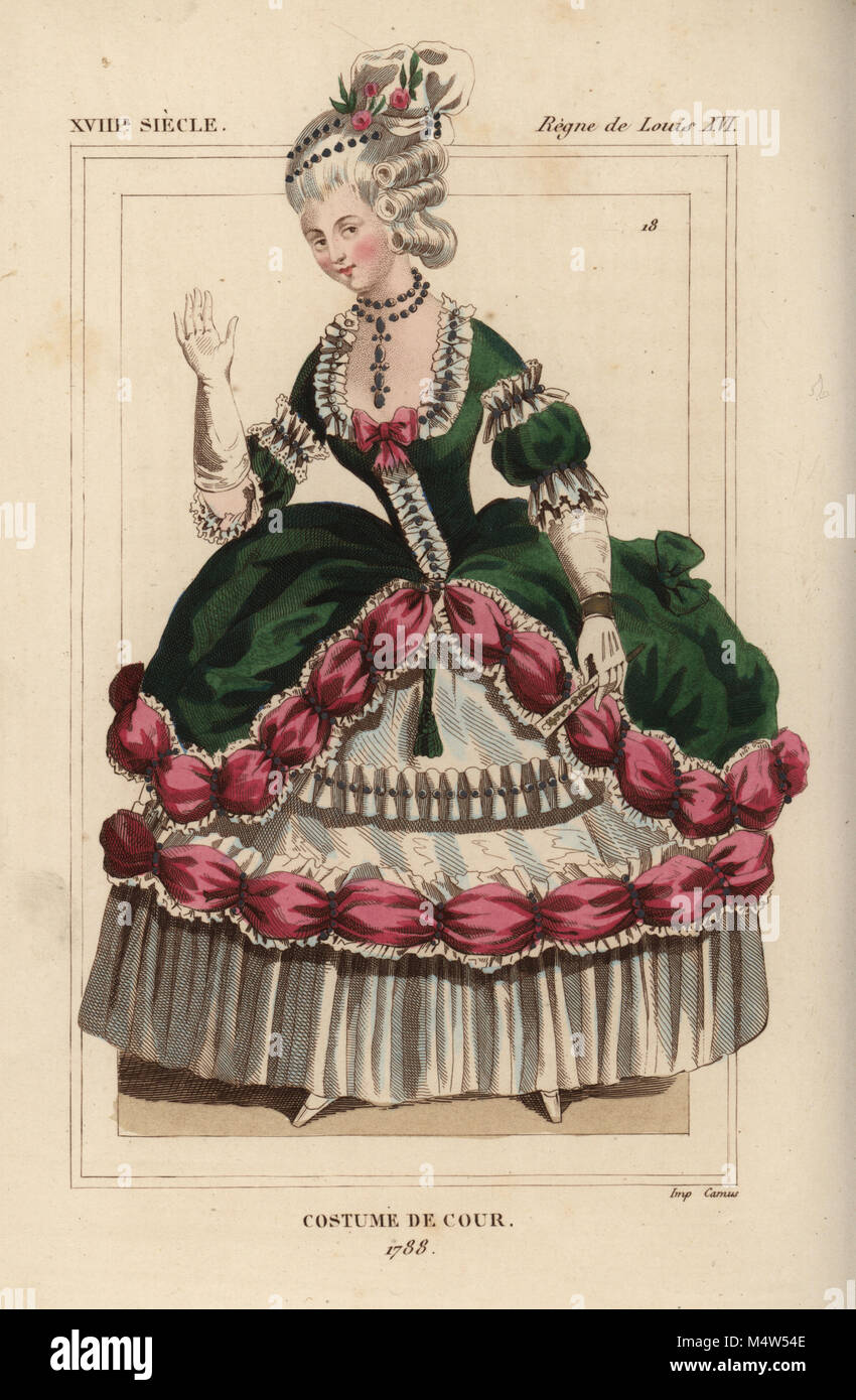 Donna francese in costume di corte chiamato la Circassienne, 1788. Litografia Handcolored da Le Bibliophile Jacob aka Paul Lacroix i costumi Historiques de la France (costumi storici della Francia), Amministrazione de Librairie, Parigi, 1852. Foto Stock