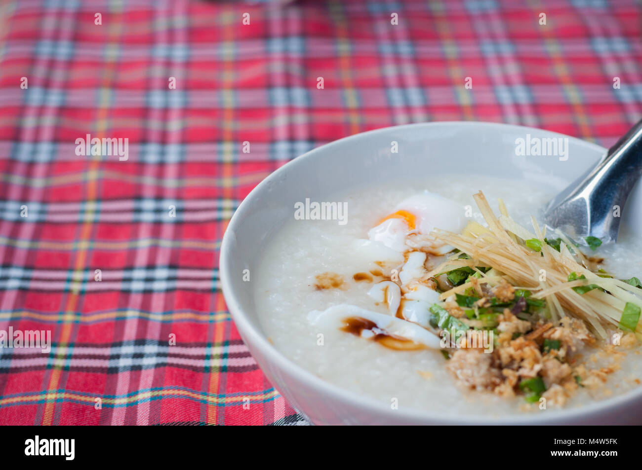 Farinata di Riso La carne di maiale tritata uovo nella ciotola con il tartan background pattern Foto Stock
