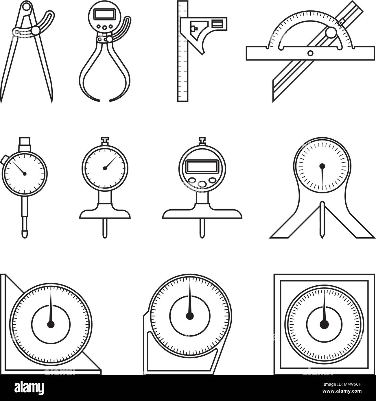 Strumenti di misurazione icon set. Linea del vettore delle icone Illustrazione Vettoriale