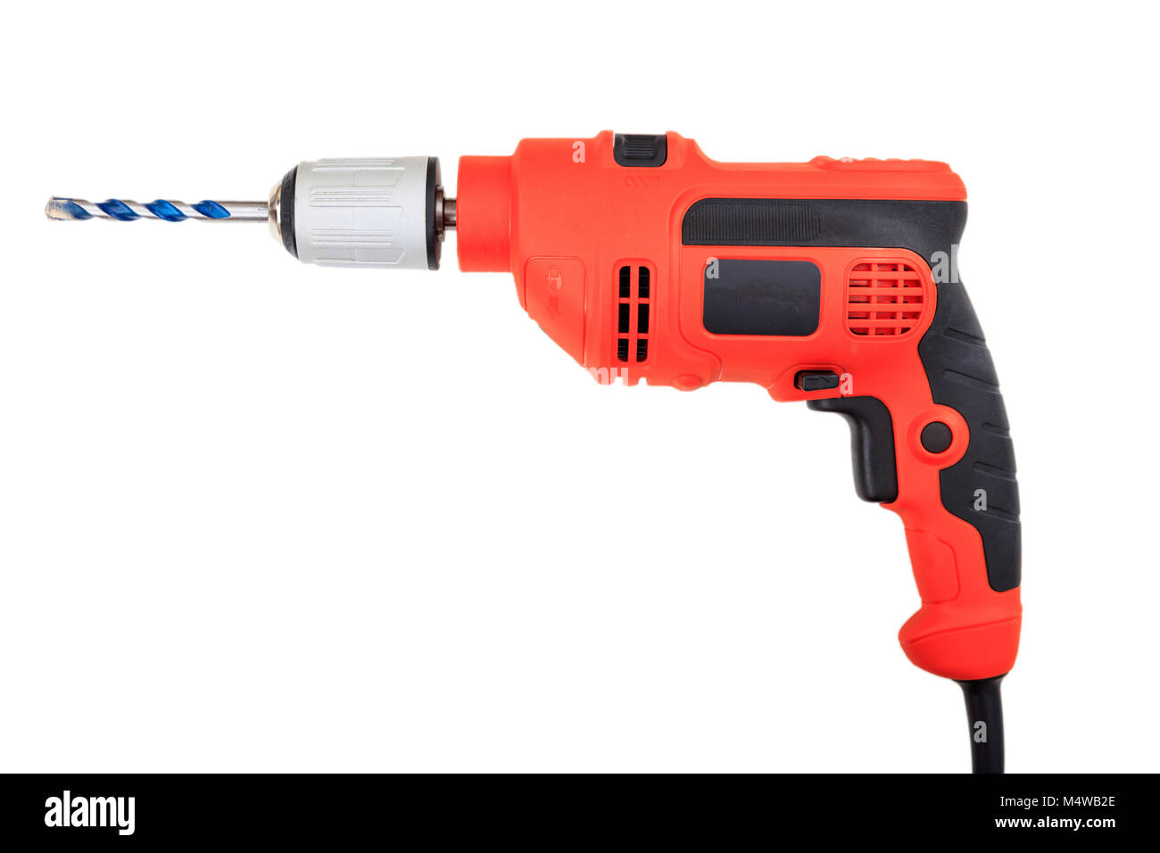 Orange trapano elettrico isolato su sfondo bianco Foto Stock