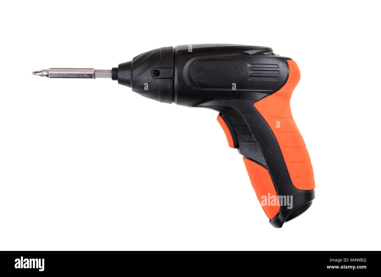 Cacciavite elettrico isolato su sfondo bianco, vista laterale Foto Stock