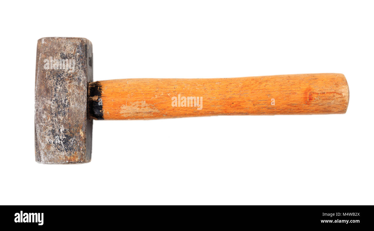 Vecchio martello vintage strumento mano isolati su sfondo bianco, vista dall'alto Foto Stock