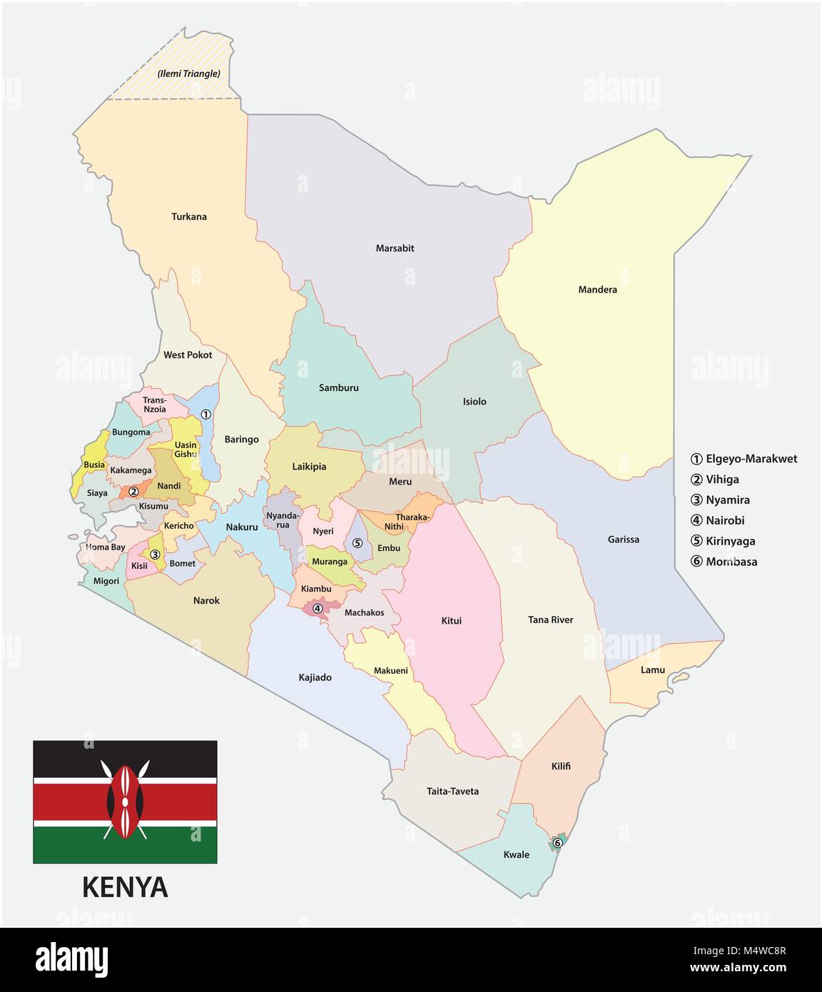 Politica e amministrativa di mappa vettoriale della Repubblica del Kenia con bandiera Illustrazione Vettoriale