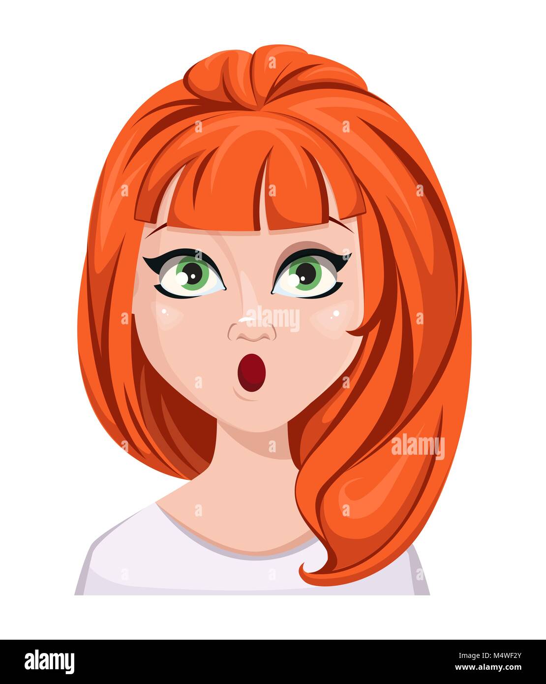L'espressione del viso di una donna redhead - sorpreso. Femmina di emozioni. Attraente personaggio dei fumetti. Illustrazione di vettore isolato su sfondo bianco. Illustrazione Vettoriale