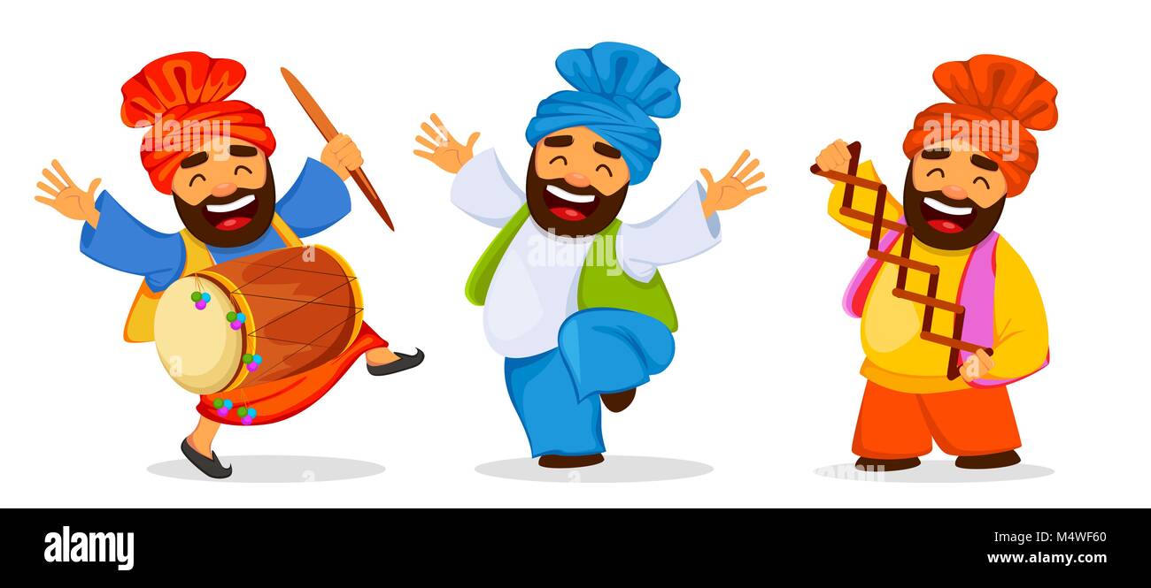 Inverno popolare Punjabi folk festival Lohri. Funny dancing Sikh celebra l'uomo vacanza, serie di cartoni animati. Illustrazione Vettoriale Illustrazione Vettoriale