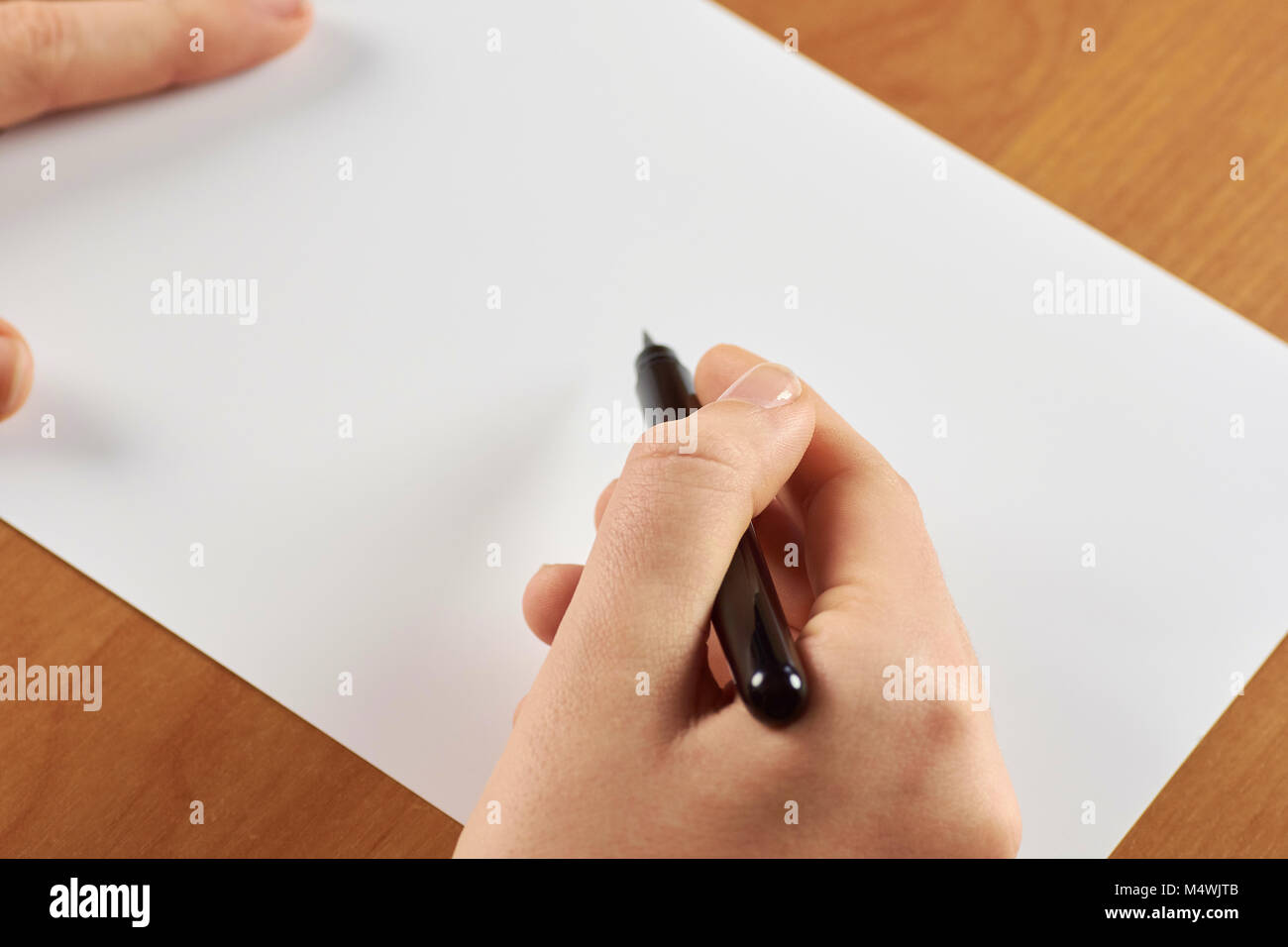 Mani femminili azienda pennello calligrafico o penna con il bianco carta bianca - con spazio per il testo Foto Stock