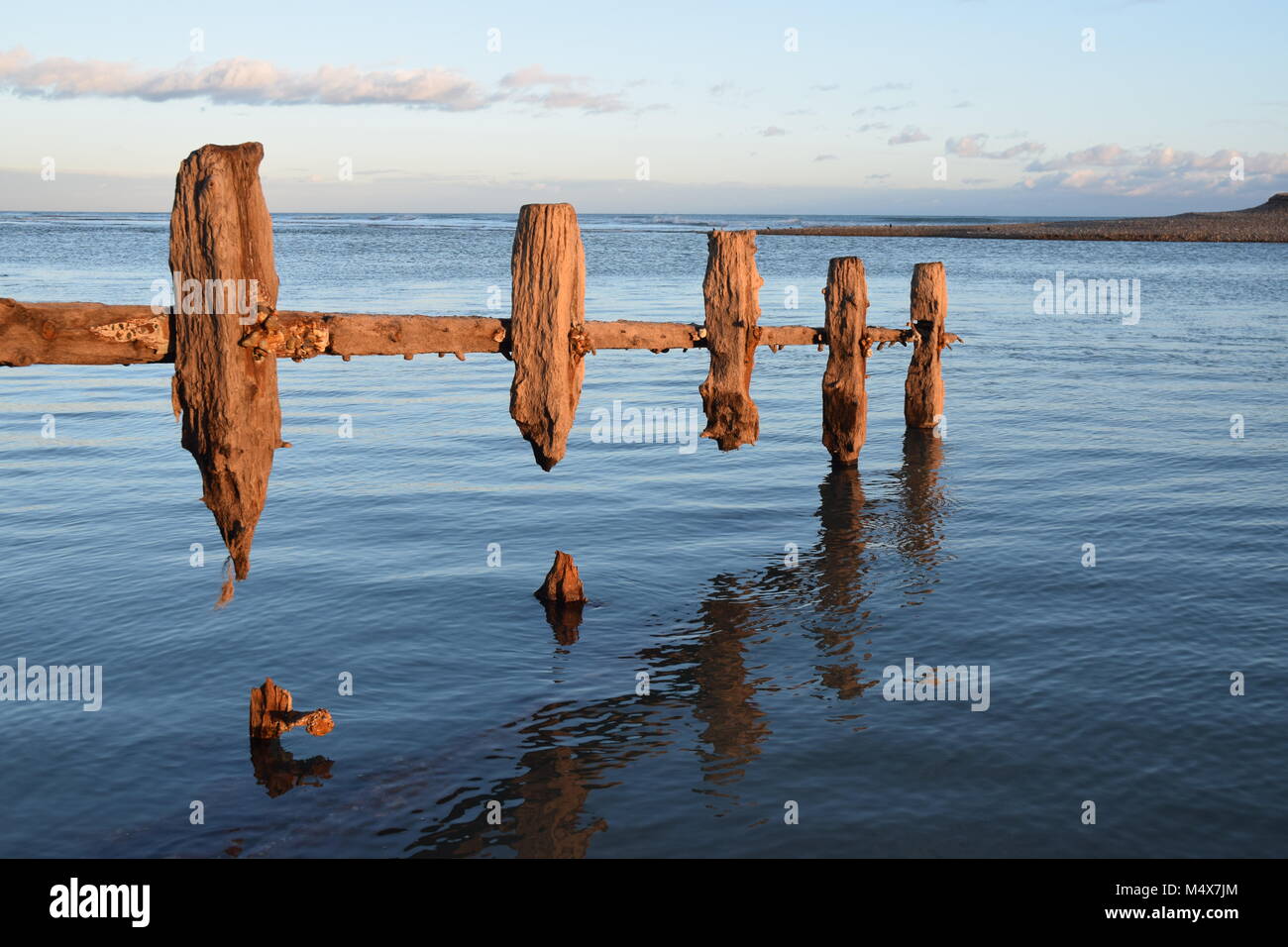 Struttura di frangionde eroso visibile a bassa marea bassa, PAGHAM Harbour, BOGNOR REGIS, febbraio 2018 Foto Stock