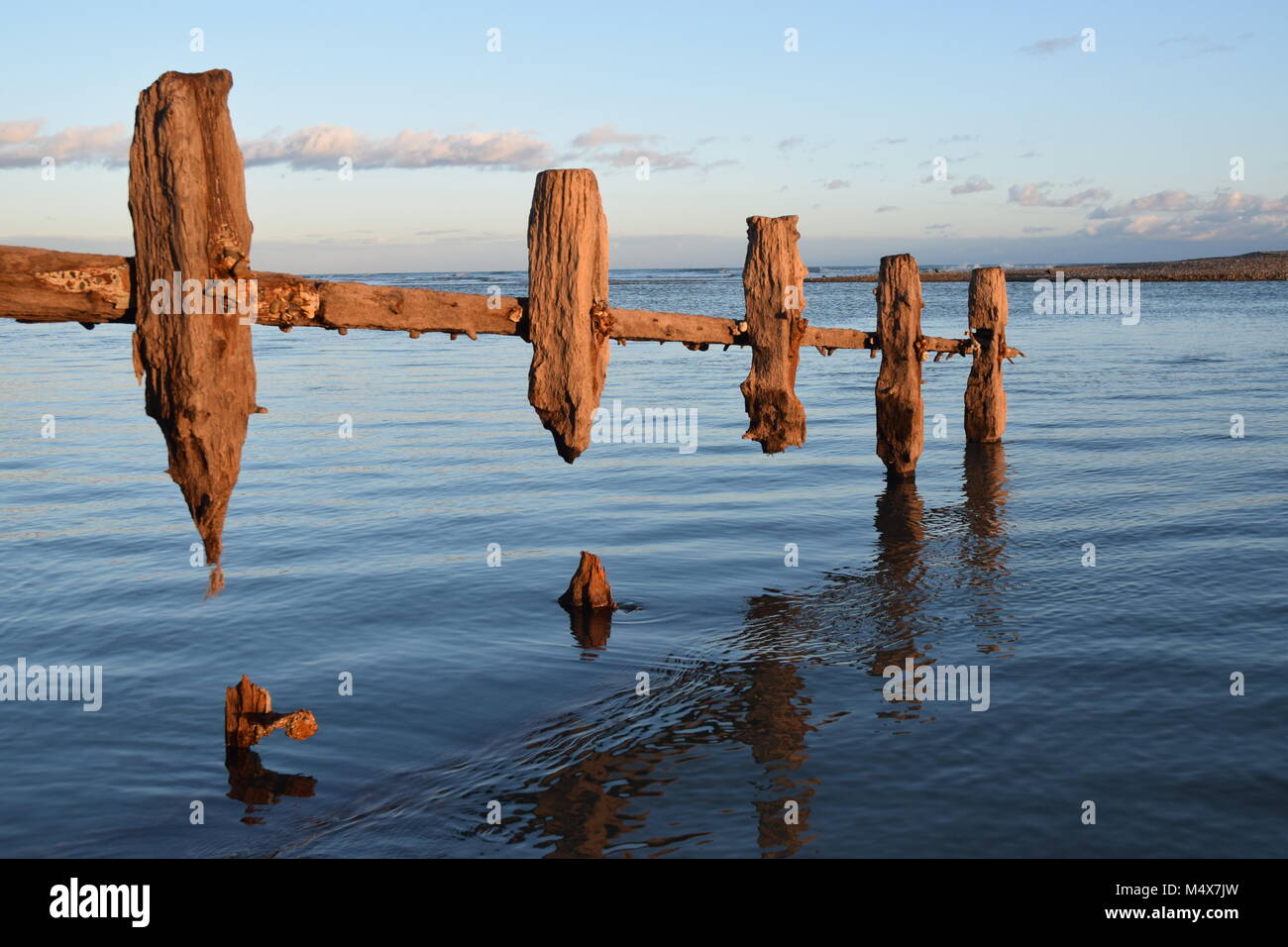 Struttura di frangionde eroso visibile a bassa marea bassa, PAGHAM Harbour, BOGNOR REGIS, febbraio 2018 Foto Stock