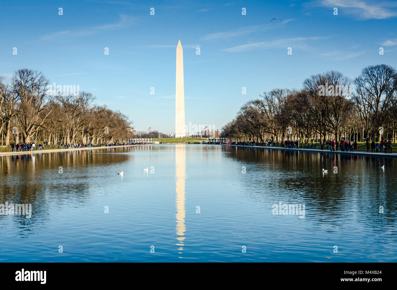 Il Monumento a Washington si riflette sulla Lincoln Memorial stagno riflettente sul National Mall di Washington, D.C. Foto Stock