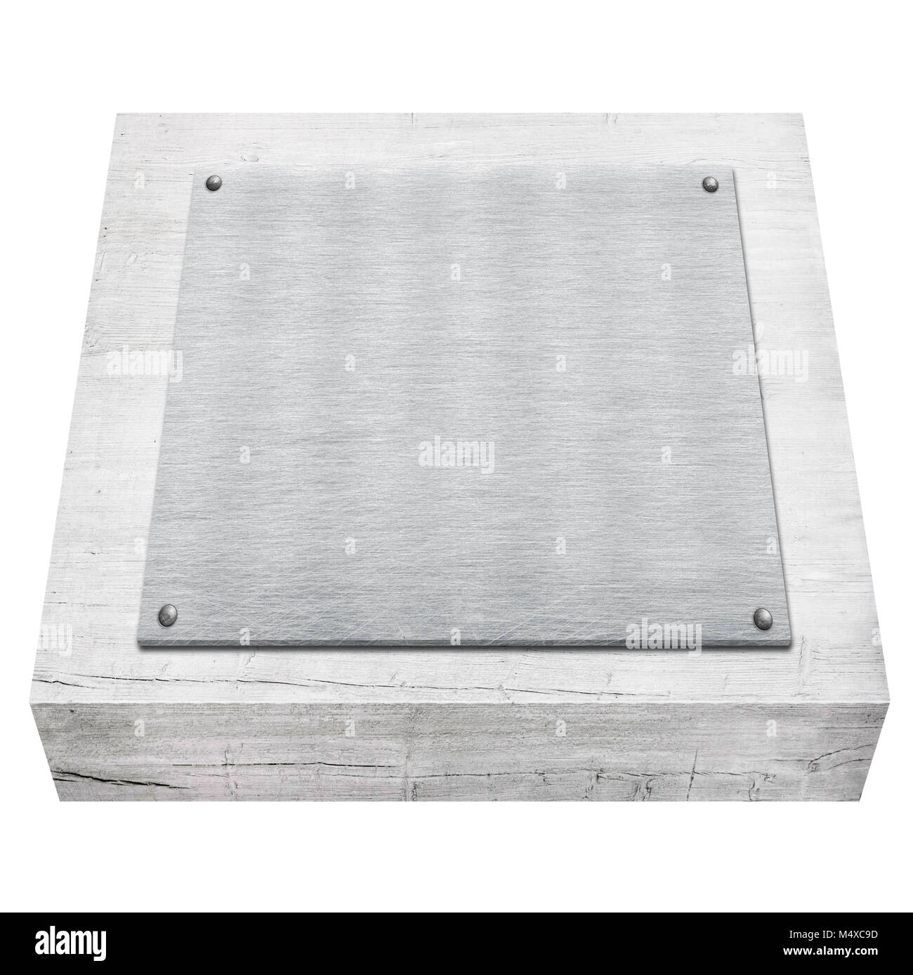 Tavolo in legno con metallo, piastra di alluminio è isolato su sfondo bianco utilizzato per visualizzare gli oggetti di testo o. Foto Stock