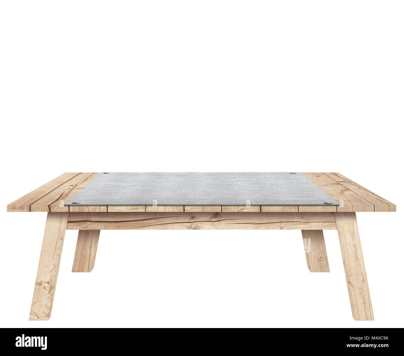 Brown tavolo in legno di plance di metallo, piastra in alluminio sulla parte superiore è isolato su sfondo bianco, utilizzato per visualizzare gli oggetti. Foto Stock