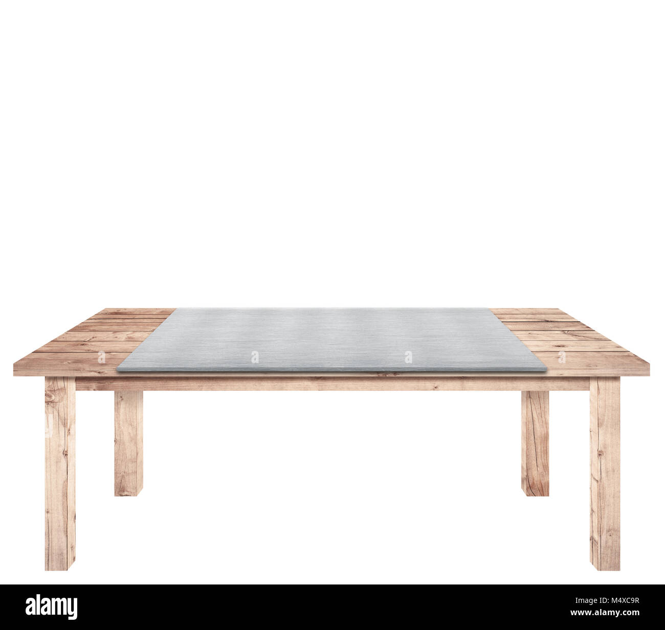Brown tavolo in legno di plance di metallo, piastra in alluminio sulla parte superiore è isolato su sfondo bianco, utilizzato per visualizzare gli oggetti. Foto Stock