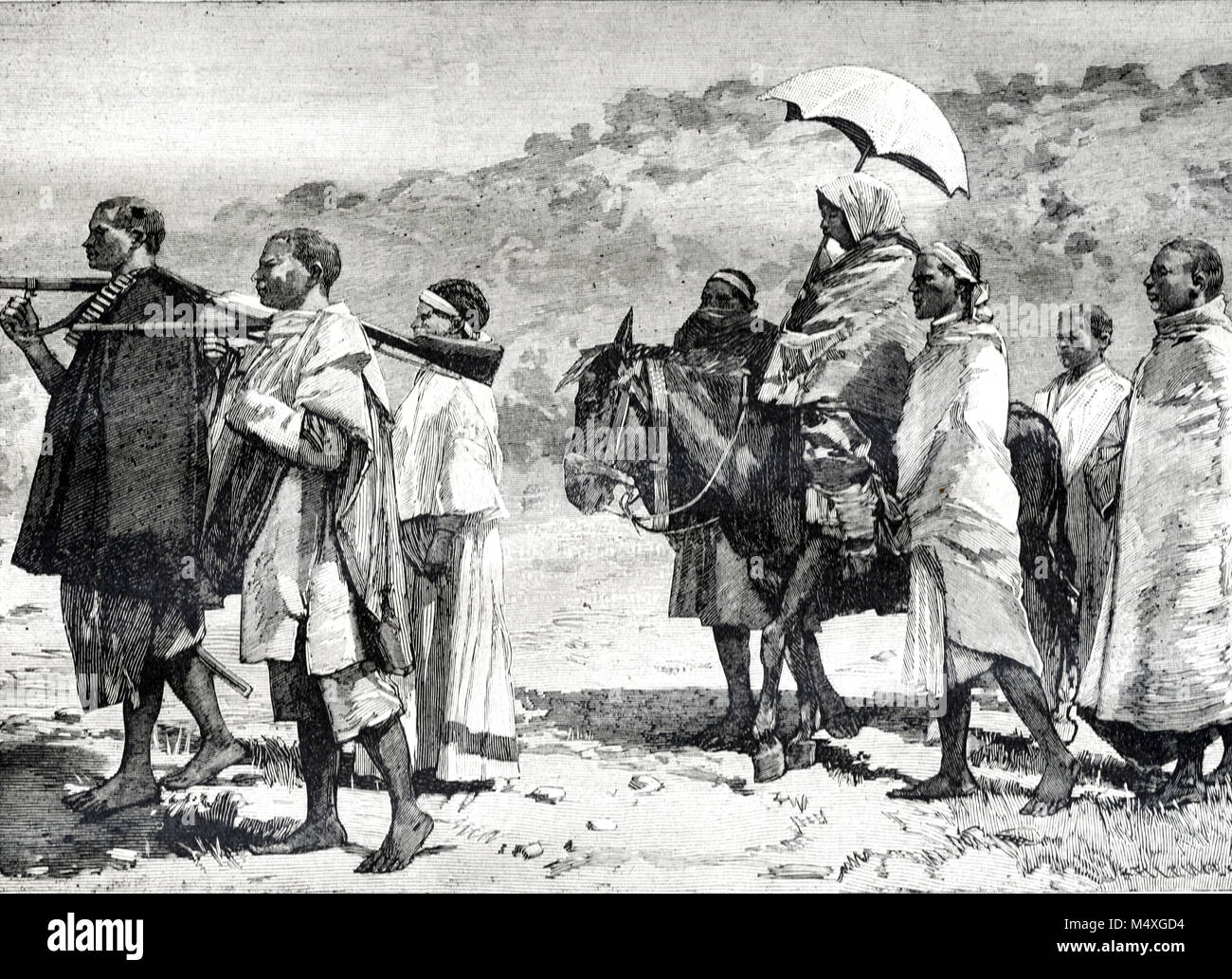 Ricchi o abissina donna etiope che viaggiano in Abissinia o in Etiopia a cavallo o un asino con Entourage o Chaperons (incisione, 1888) Foto Stock