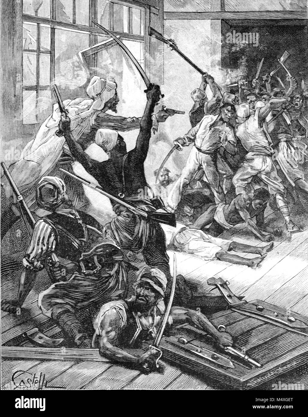 Uprising o rivolta tra gli schiavi contro i mercanti di schiavi in Africa occidentale (incisione, 1888) Foto Stock