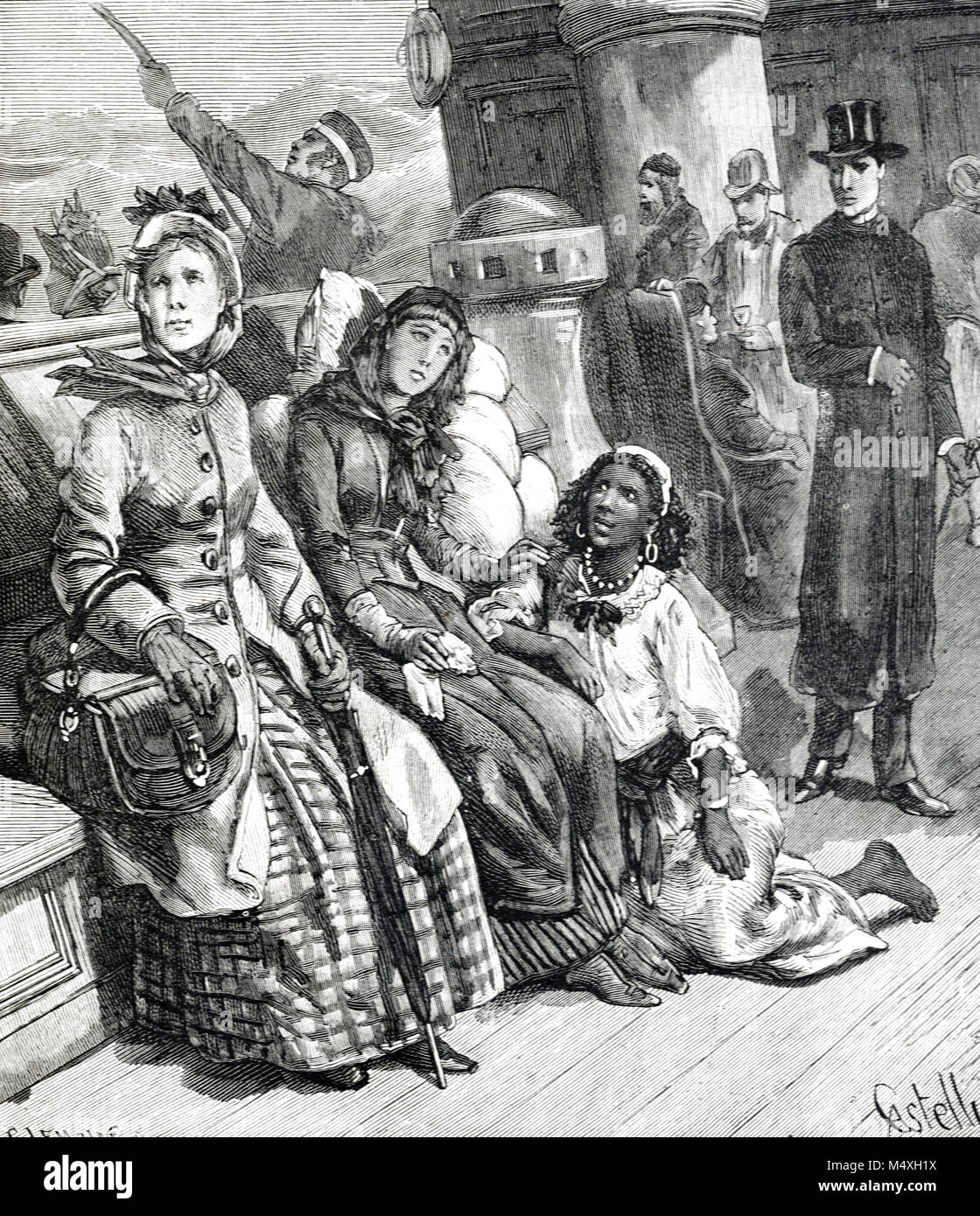 Ricchi britannici o le donne europee e aborigeno australiano cameriera servo o viaggiare un Ocean Liner o primi di nave passeggeri provenienti da Inghilterra in Australia (incisione, 1888) Foto Stock