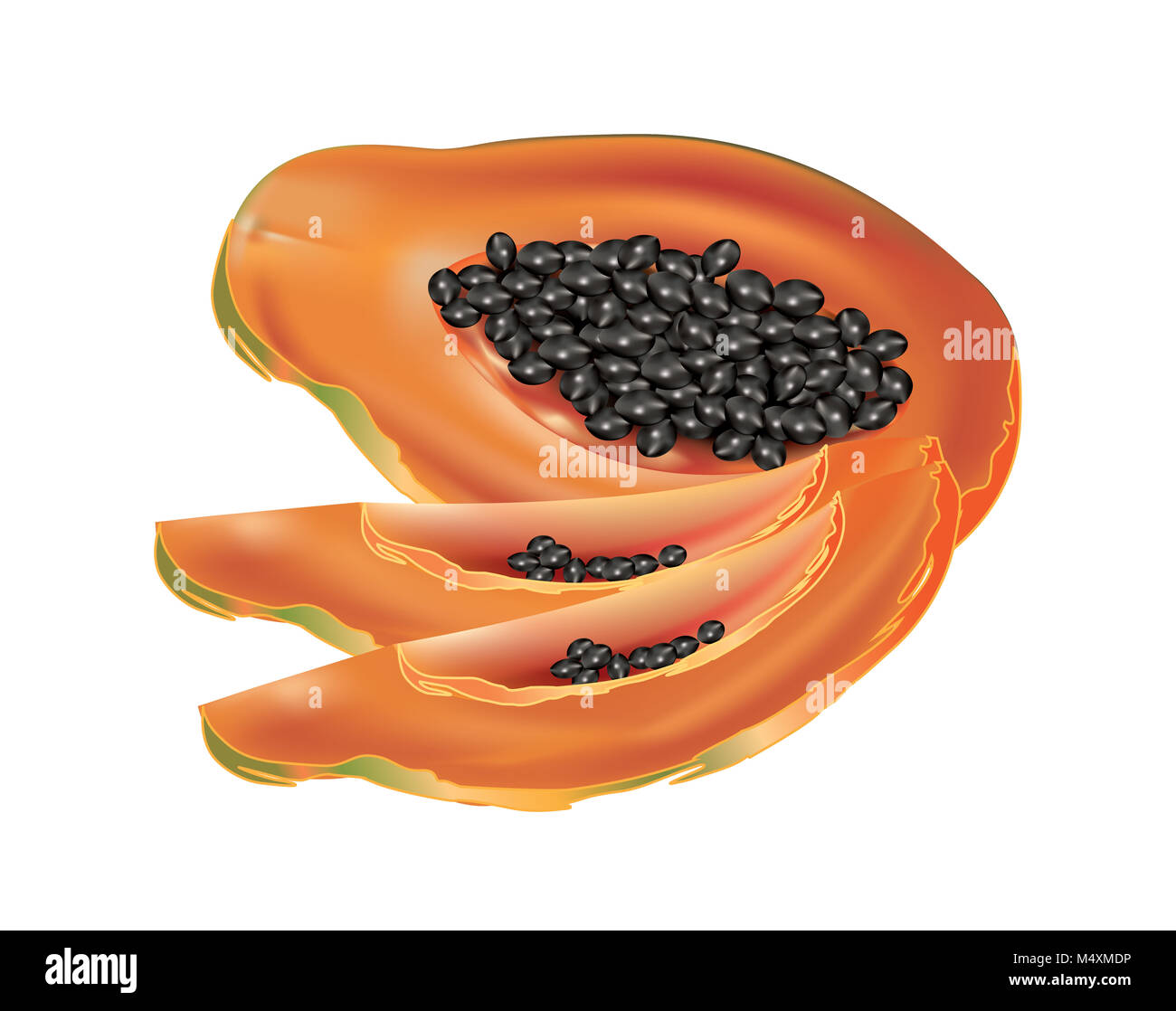 Deliziosa abstract papaya fetta metà e i quarti isolato Foto Stock