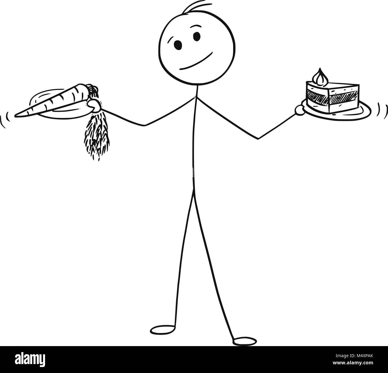 Cartoon dell uomo di decidere con una sana e cibo malsano in mani Illustrazione Vettoriale