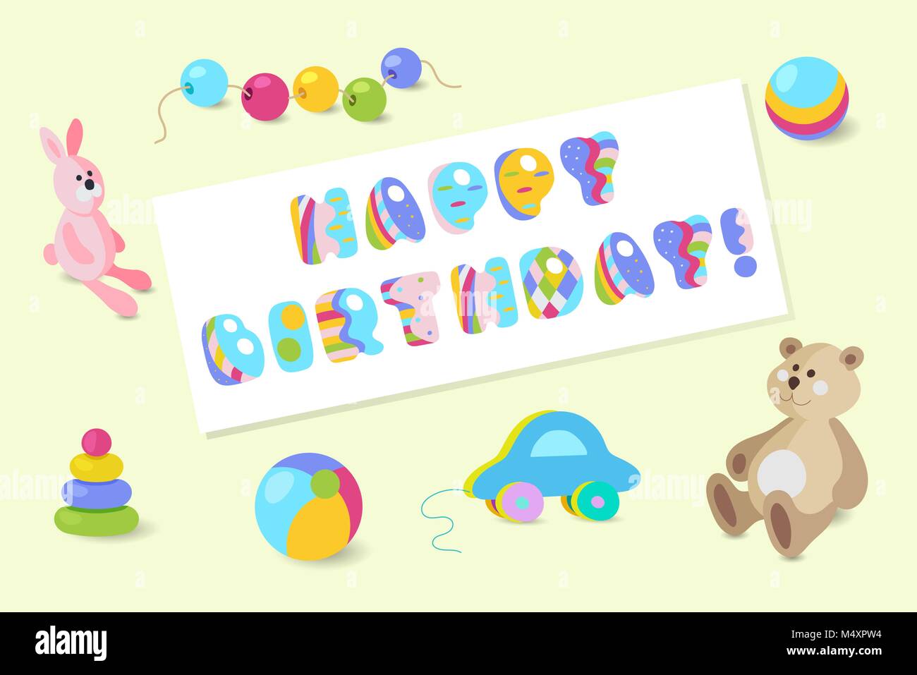 Buon compleanno vettore tipografici colorato Baby toy design per biglietti di auguri e inviti Illustrazione Vettoriale