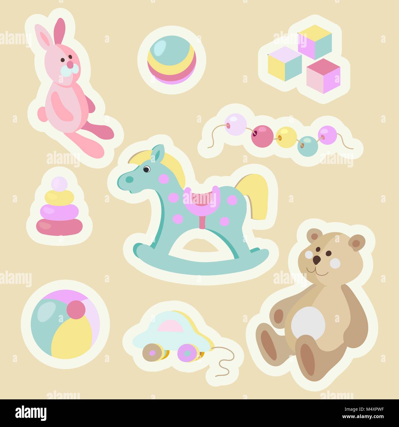 Giocattoli per bambini in stile cartoonesco vettore pastello di adesivi. Illustrazione Vettoriale