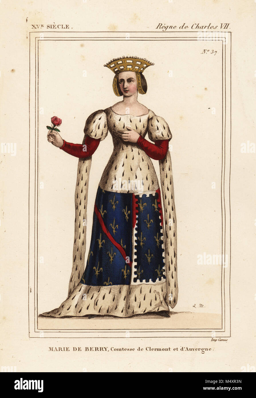 Maria di Berry, Marie de Berry, Comte de Clermont et d'Auvergne, moglie di Jean I, Duca di Borbone, Duc de Bourbon, d. 1434. Litografia Handcolored da Leopoldo Massard dopo un Armorial della Auvergne in Roger de Gaignieres' portafoglio 19 VI da Le Bibliophile Jacob aka Paul Lacroix i costumi Historiques de la France (costumi storici della Francia), Amministrazione de Librairie, Parigi, 1852. Foto Stock