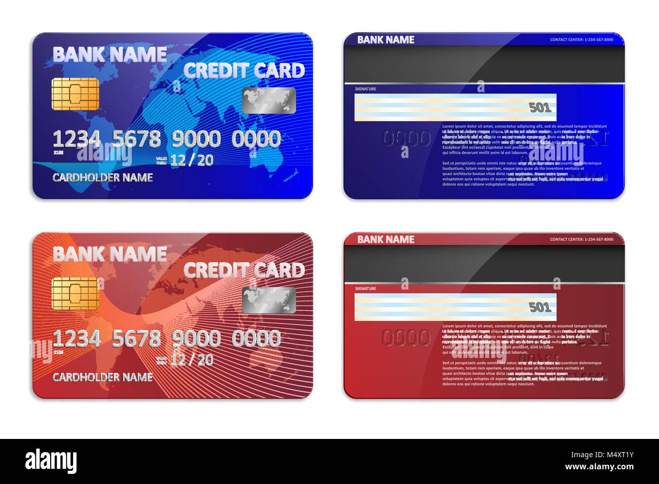 Realistico di blu e di rosso la carta di credito della banca modello  isolato. Plastica banca carta di credito mockup con colorati disegno  astratto e mappa del mondo per il settore bancario.