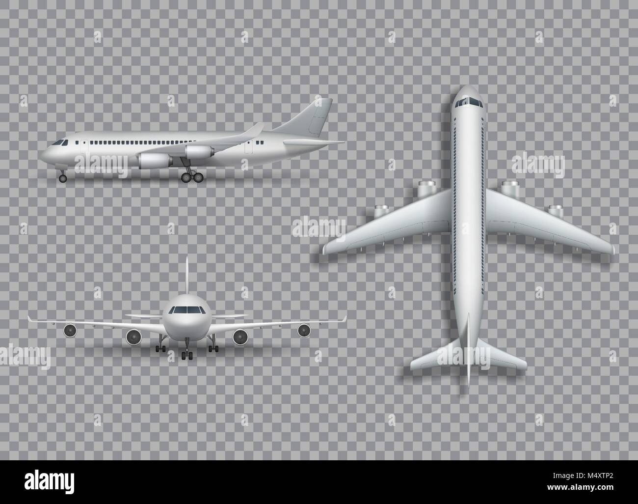 Aeroplano bianco mock up isolato. Aeromobili, aereo di linea realistica 3d immagine su sfondo transtarent. Set di piano di aria dalla parte anteriore, laterale e una vista dall'alto. Illustrazione Vettoriale. Illustrazione Vettoriale
