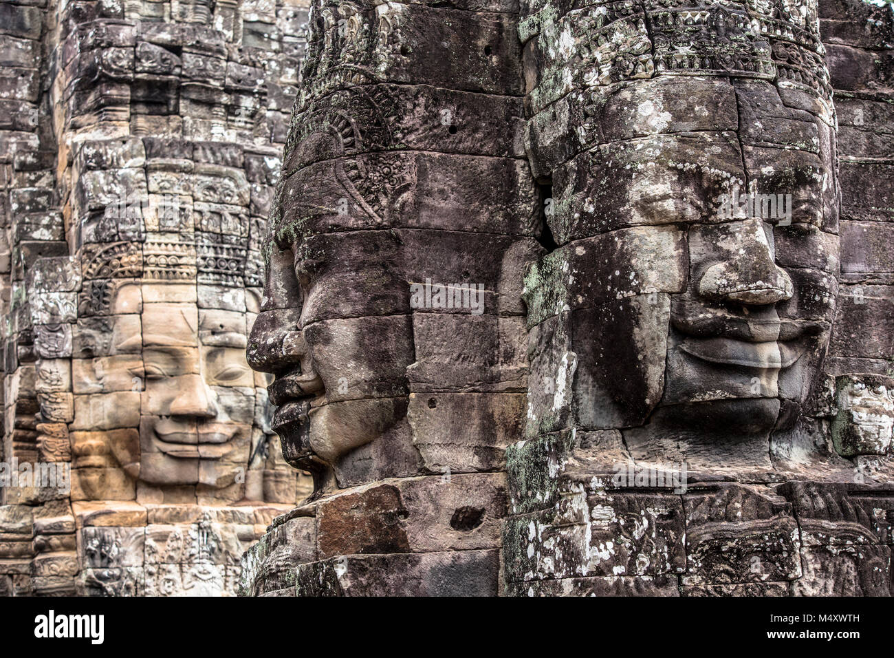 Tempio Bayon Buddha Sorridente faccia Angkor Wat Siem Reap Cambogia Sud Est Asia Travel Foto Stock