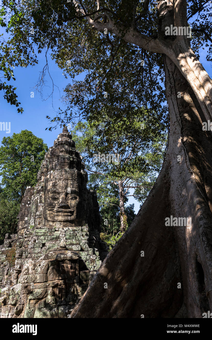 Tempio Bayon Buddha Sorridente faccia Angkor Wat Siem Reap Cambogia Sud Est Asia Travel Foto Stock