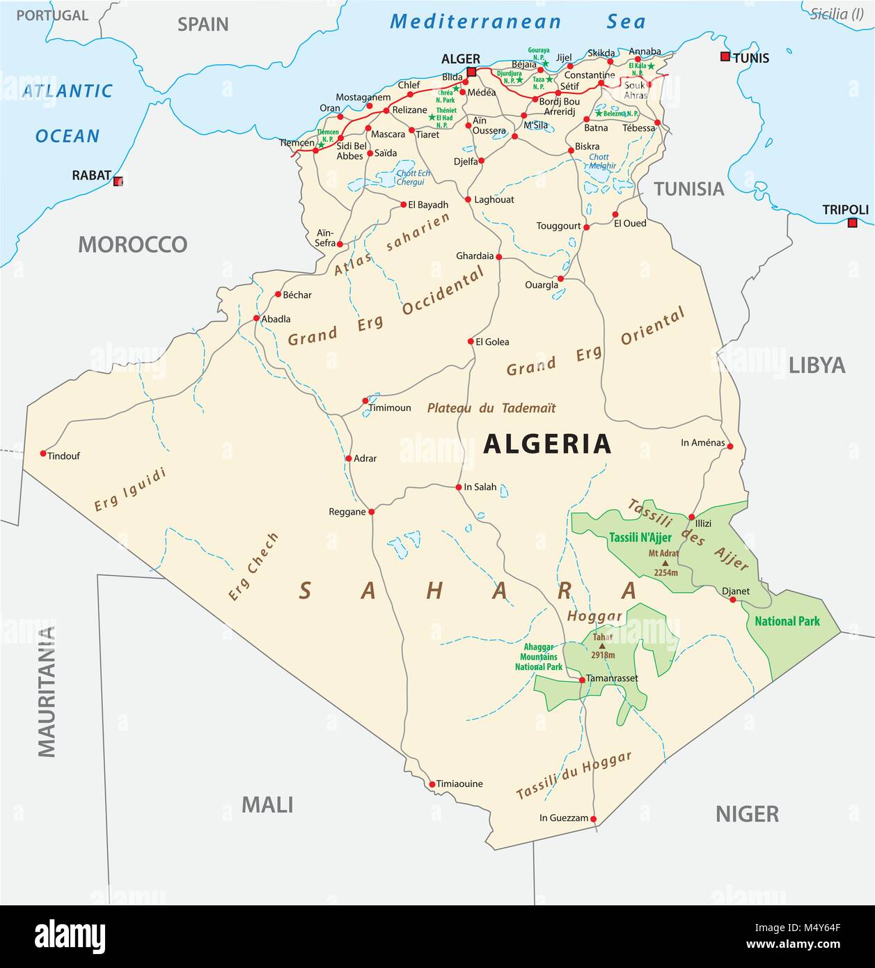 Algeria road e il parco nazionale di mappa vettoriale Illustrazione Vettoriale