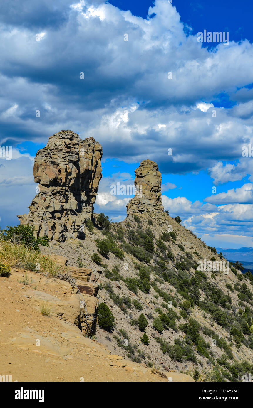Vista verticale dell omonimo guglie di roccia Camino Monumento Nazionale di San Juan National Forest nel sudovest del Colorado. Foto Stock