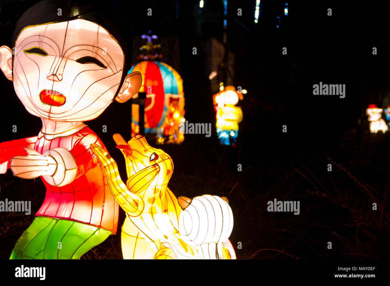 Haren, Paesi Bassi - 22 Novembre 2011: colorate lanterne cinesi brilla di notte durante il cinese Light Festival. Copia in bianco e nero di spazio, focu selettiva Foto Stock