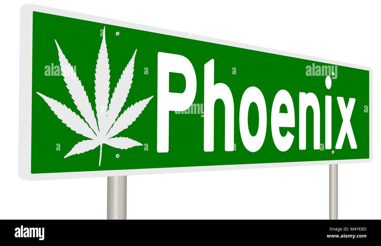 Il rendering di un verde autostrada segno con foglia di marijuana per Phoenix Foto Stock