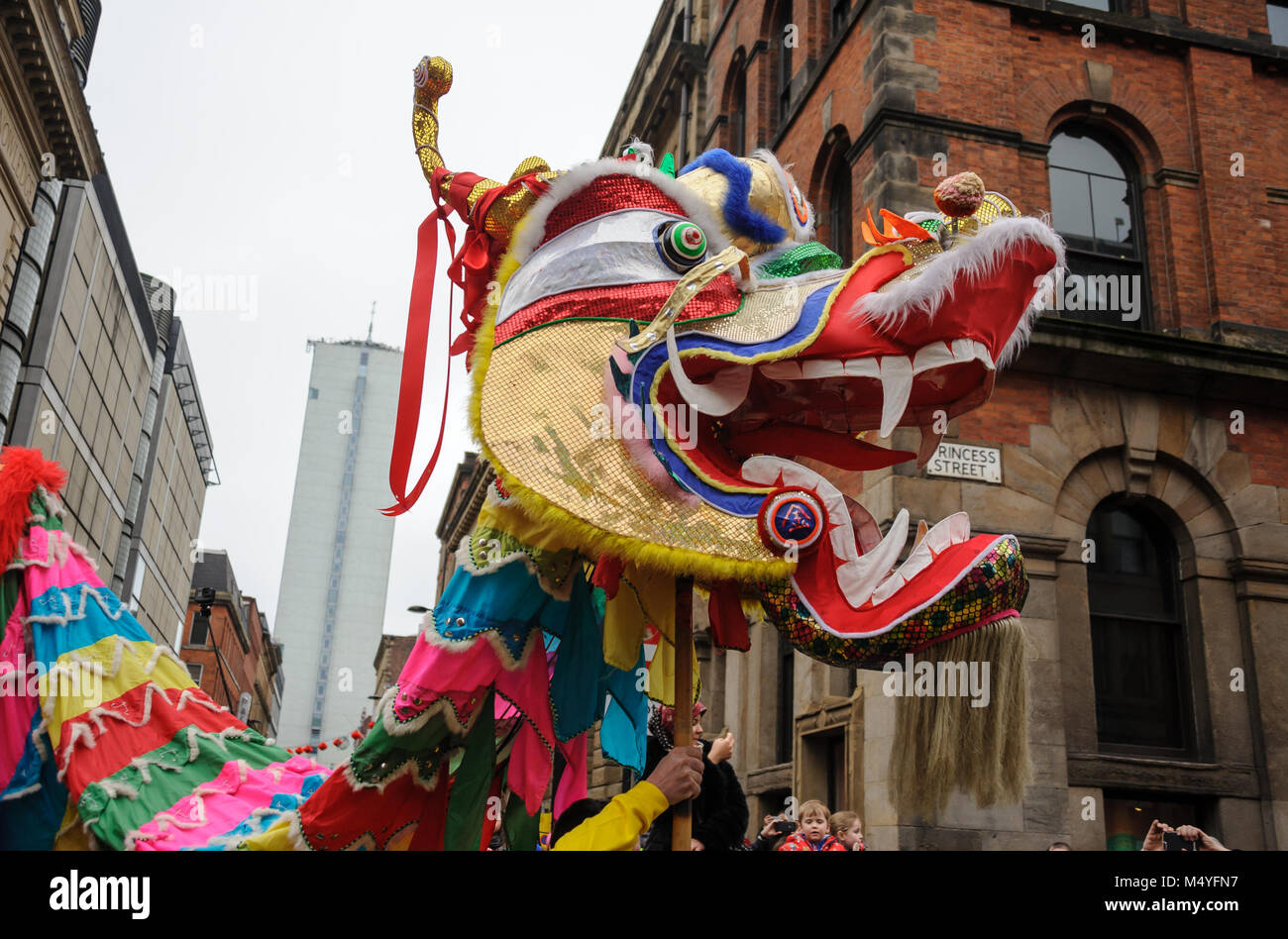 Il Capodanno cinese 2018, anno del cane, Festival di Manchester, Regno Unito Foto Stock