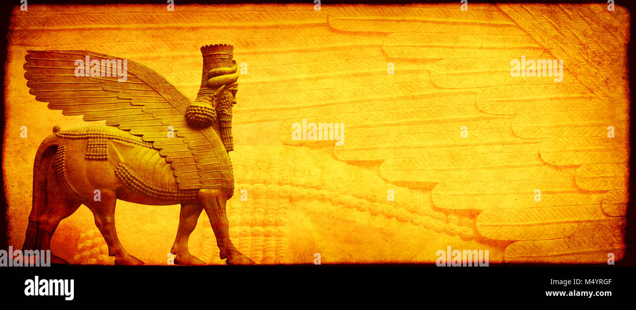 Grunge sfondo con Grana carta di colore giallo e di lamassu - umana con testa di toro alato statua, assiro divinità protettiva Foto Stock