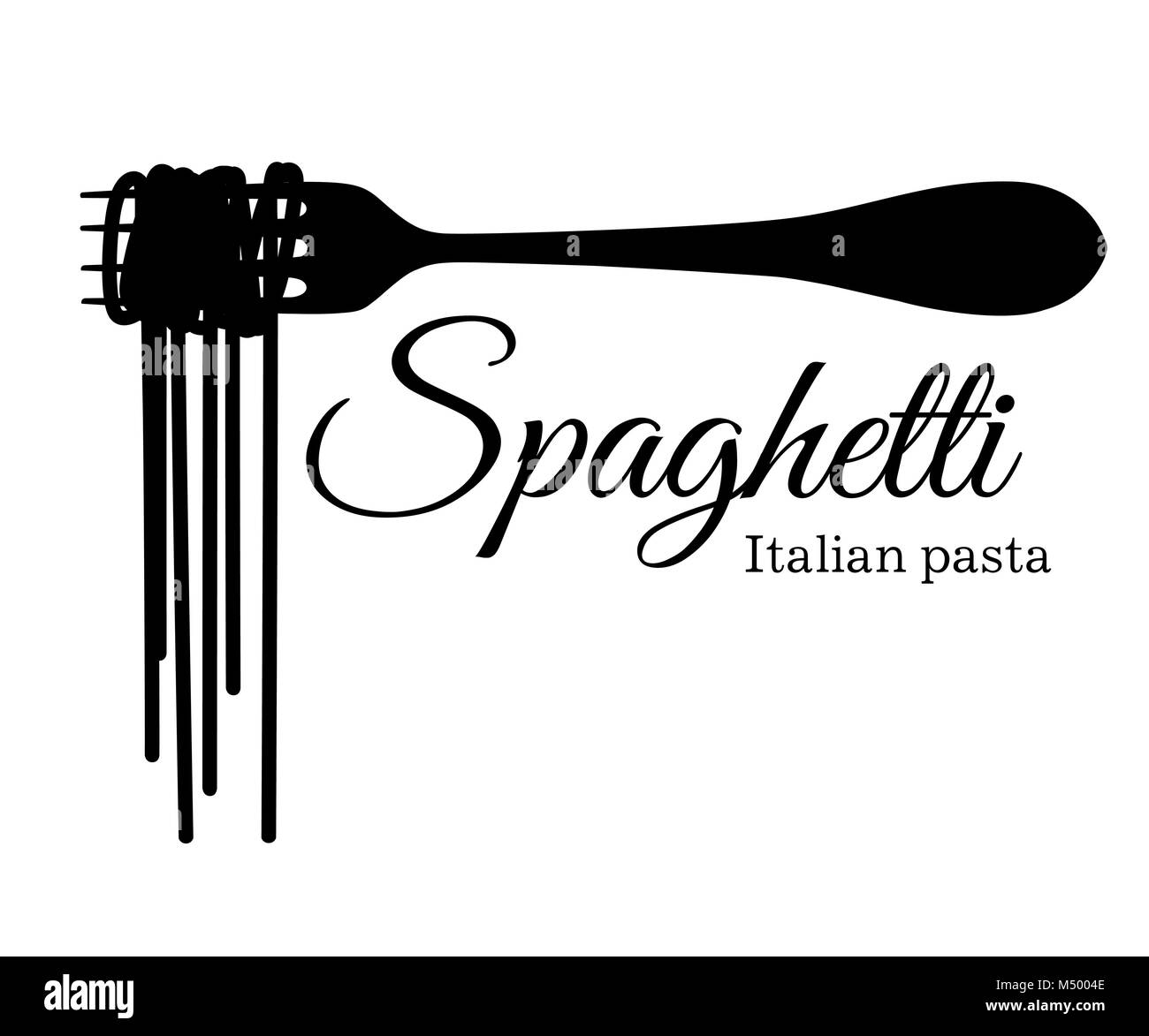 Silhouette nera di spaghetti su una forcella con una iscrizione illustrazione vettoriale isolati su sfondo bianco pagina del sito web e mobile app design. Illustrazione Vettoriale