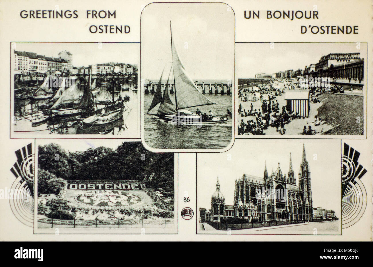 Xx secolo cartolina vintage, vecchia fotografia del litorale belga destinazione di vacanza di Ostenda / Oostende località balneare, Belgio Foto Stock