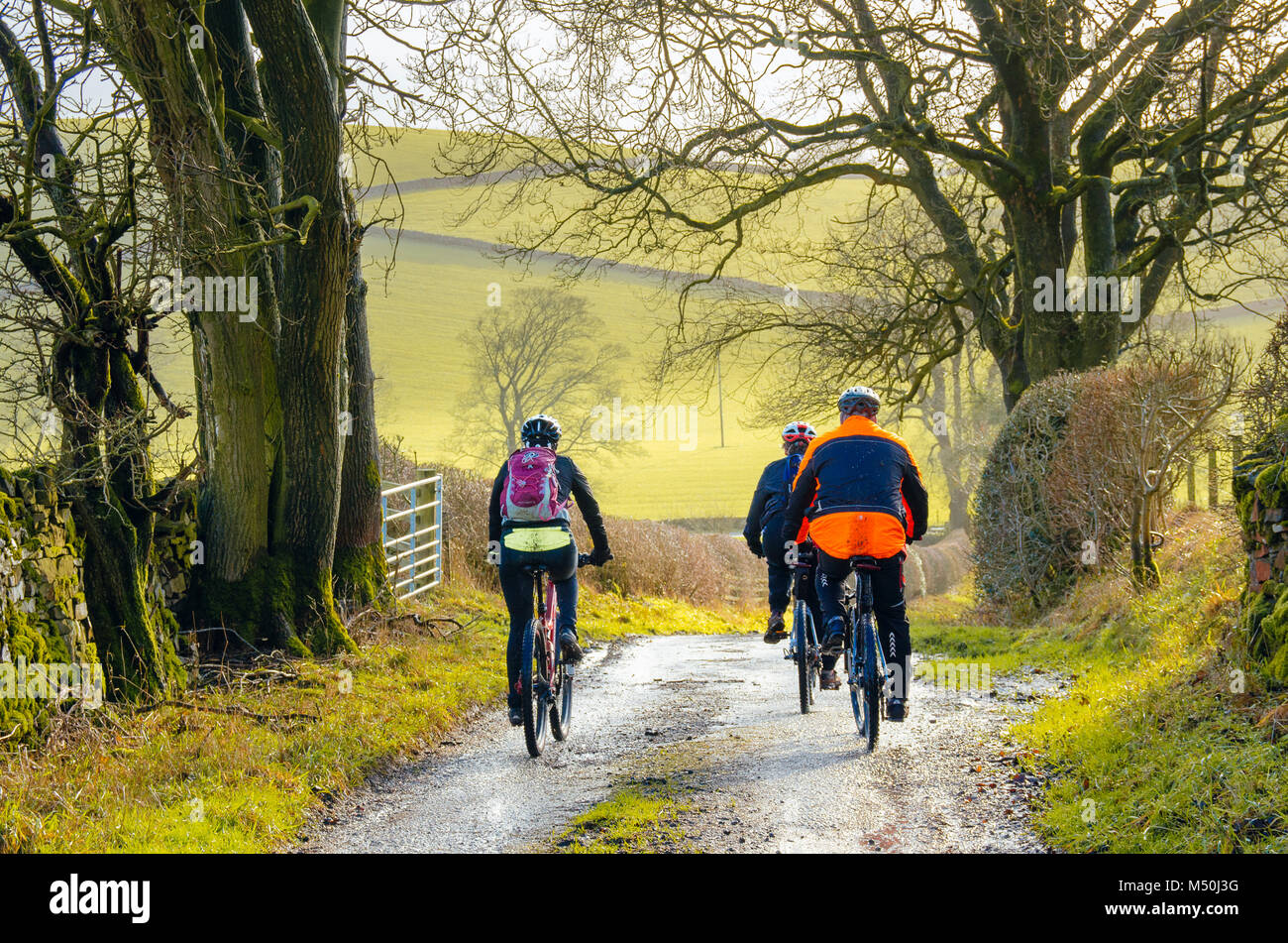 I ciclisti su una tranquilla stradina vicino Oriente Marton fuori, Skipton North Yorkshire Foto Stock