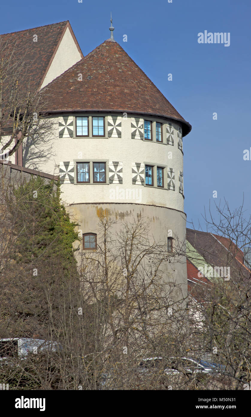 Torre sulla parete della città in Engen Foto Stock