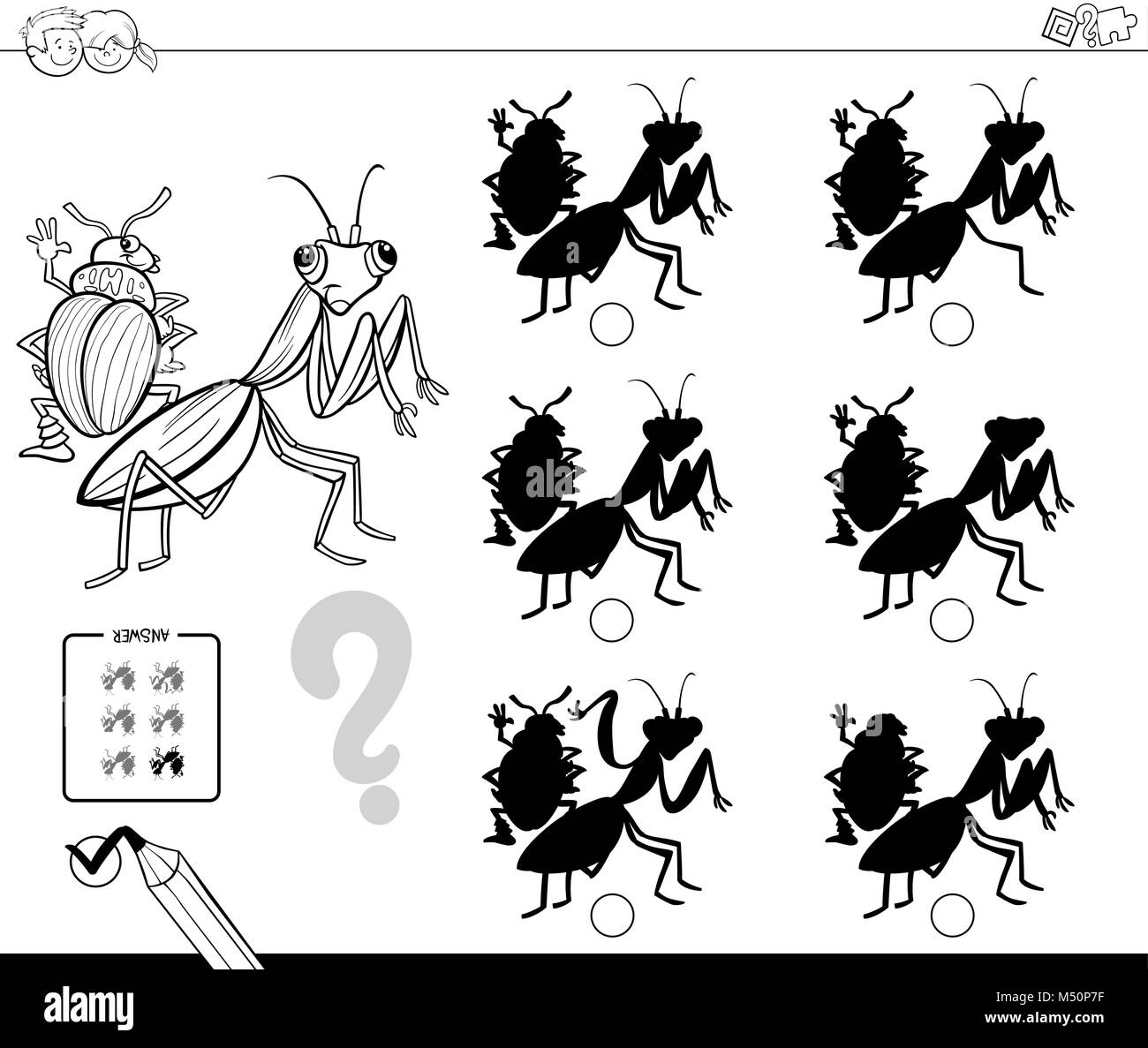 Bianco e Nero Cartoon illustrazione di trovare l'ombra senza differenze di attività educative per i bambini con i bug animale la colorazione dei caratteri Illustrazione Vettoriale