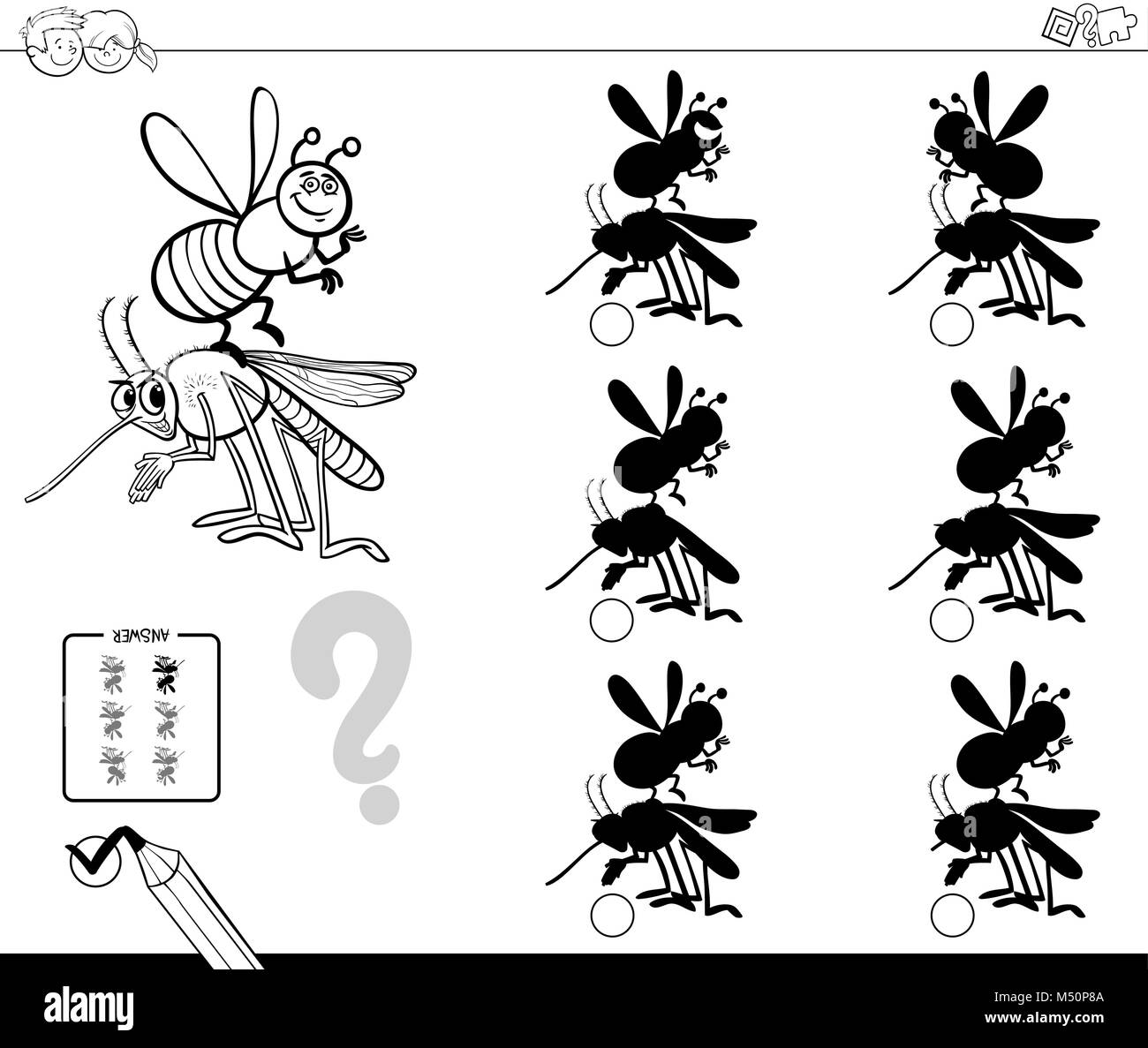 Bianco e Nero Cartoon illustrazione di trovare l'ombra senza differenze di attività educative per i bambini con i caratteri di insetto libro da colorare Illustrazione Vettoriale