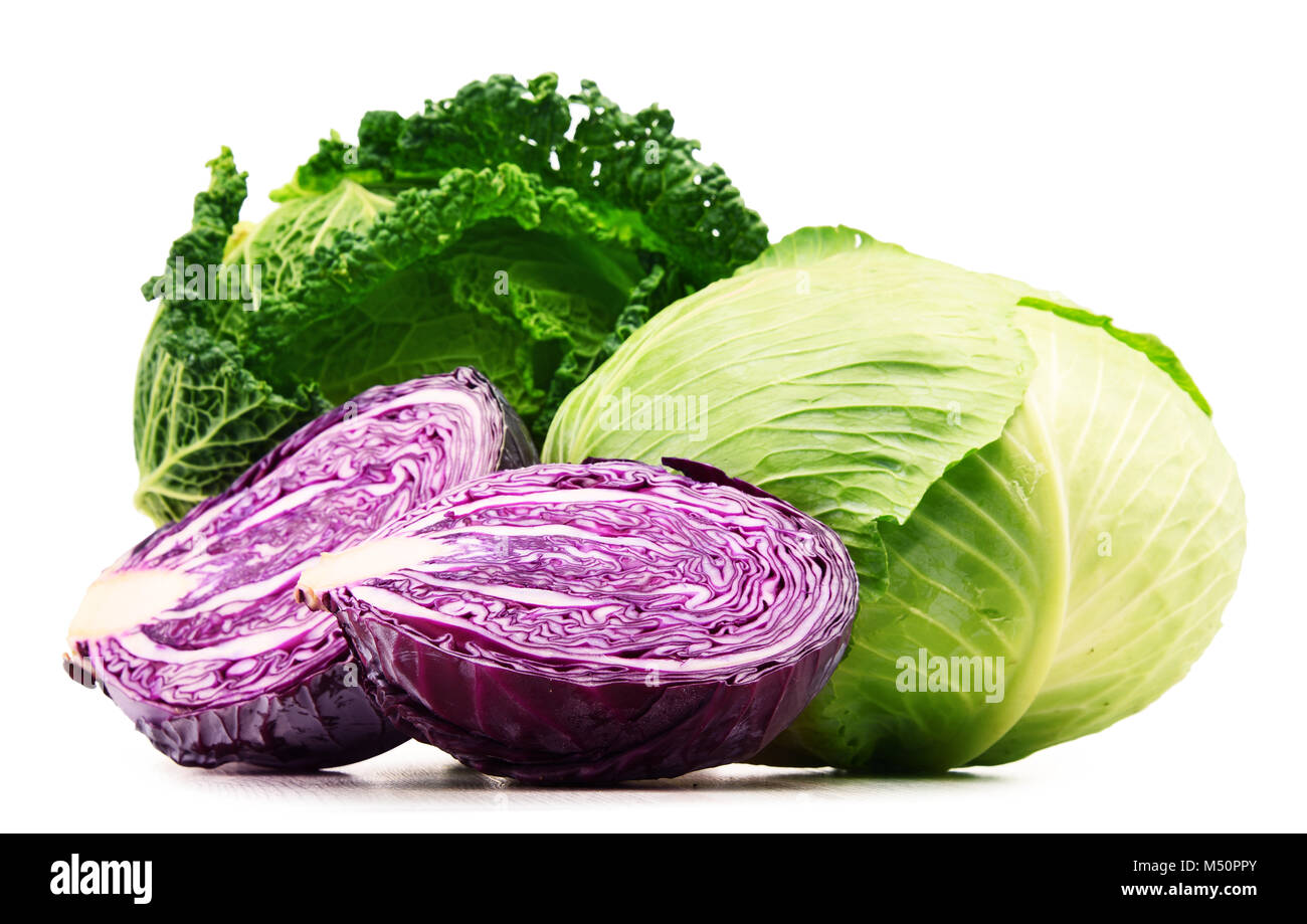 Fresche biologiche teste di cavolo isolati su sfondo bianco Foto Stock