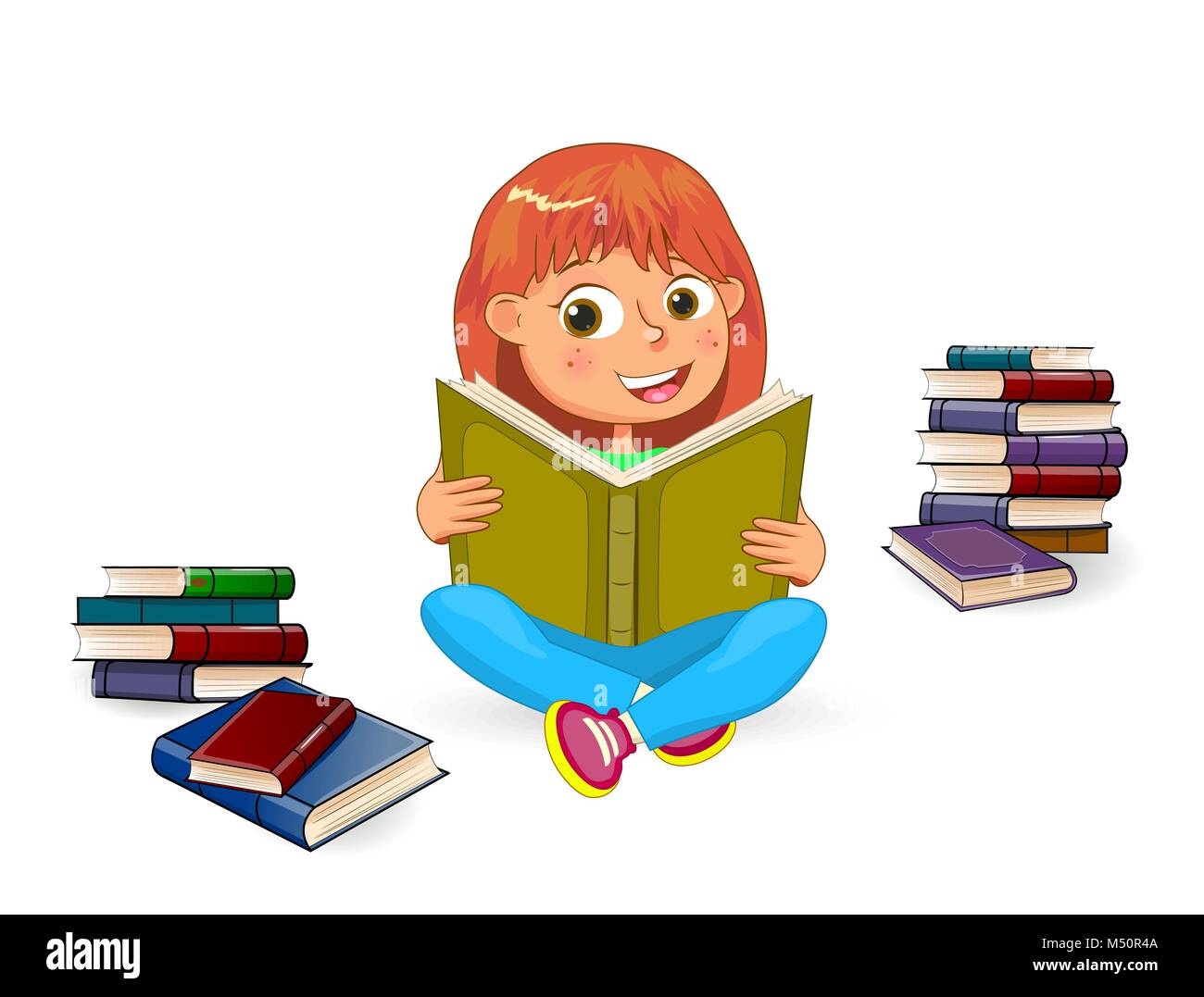 Felice lettura della ragazza prenota. Ragazza con libro in mani su uno sfondo bianco. Ragazza la lettura di un libro. Ragazza seduta tra libri. Illustrazione Vettoriale