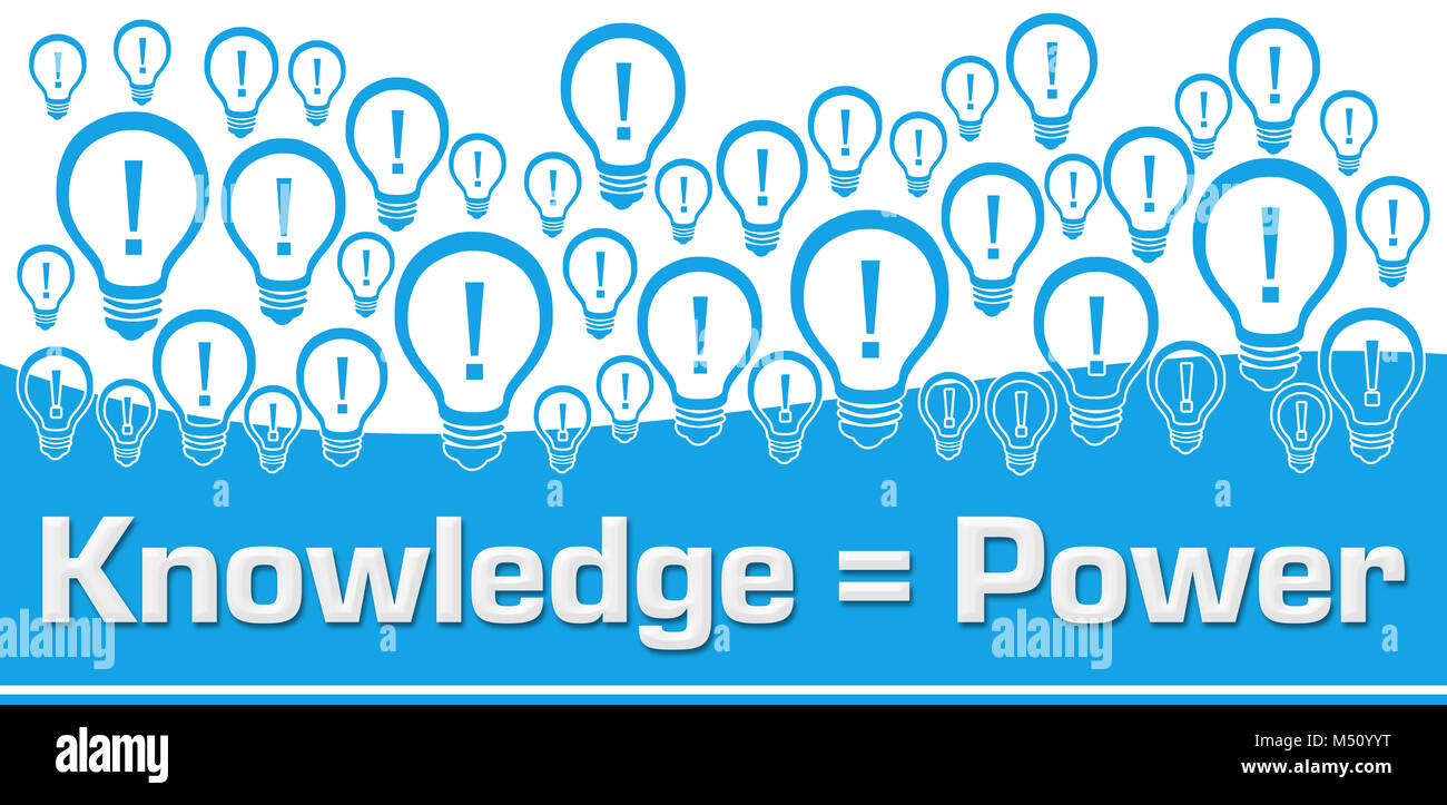 La conoscenza è potere sfondo blu lampadine sulla parte superiore Foto Stock