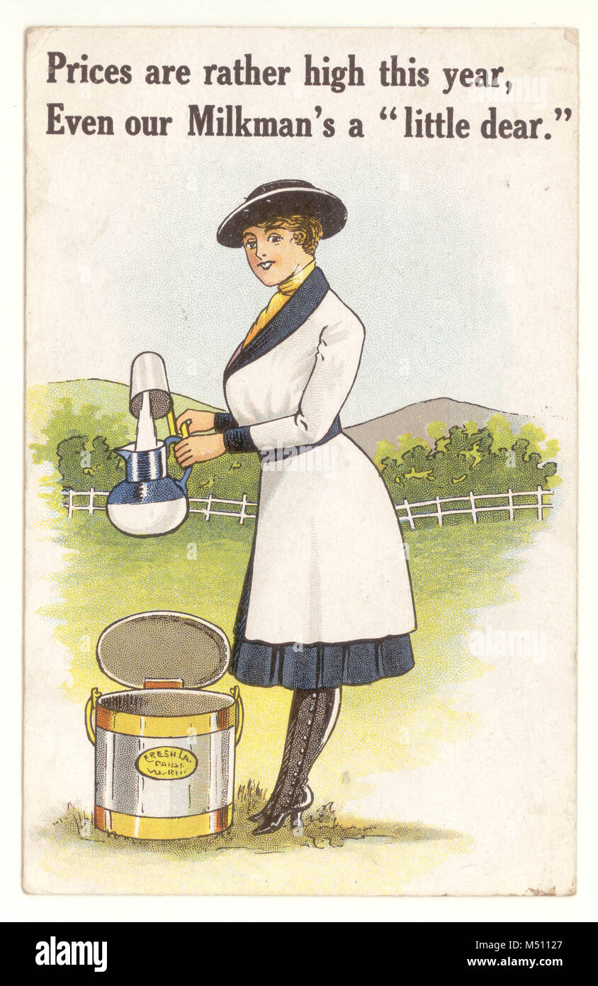 Fumetto da cartolina femmina milkman, dairymaid, mostrando il ruolo di cambiamento delle donne nell'era della prima Guerra Mondiale, volontariato per aiutare lo sforzo di guerra, assumendo il lavoro degli uomini tradizionali, pubblicato 1918, Welling. REGNO UNITO Foto Stock
