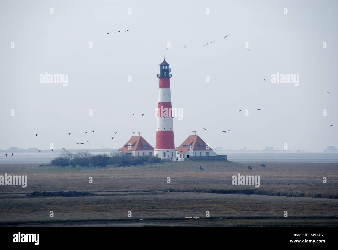 Il faro di Westerheversand alla penisola di Eiderstedt in Germania Foto Stock