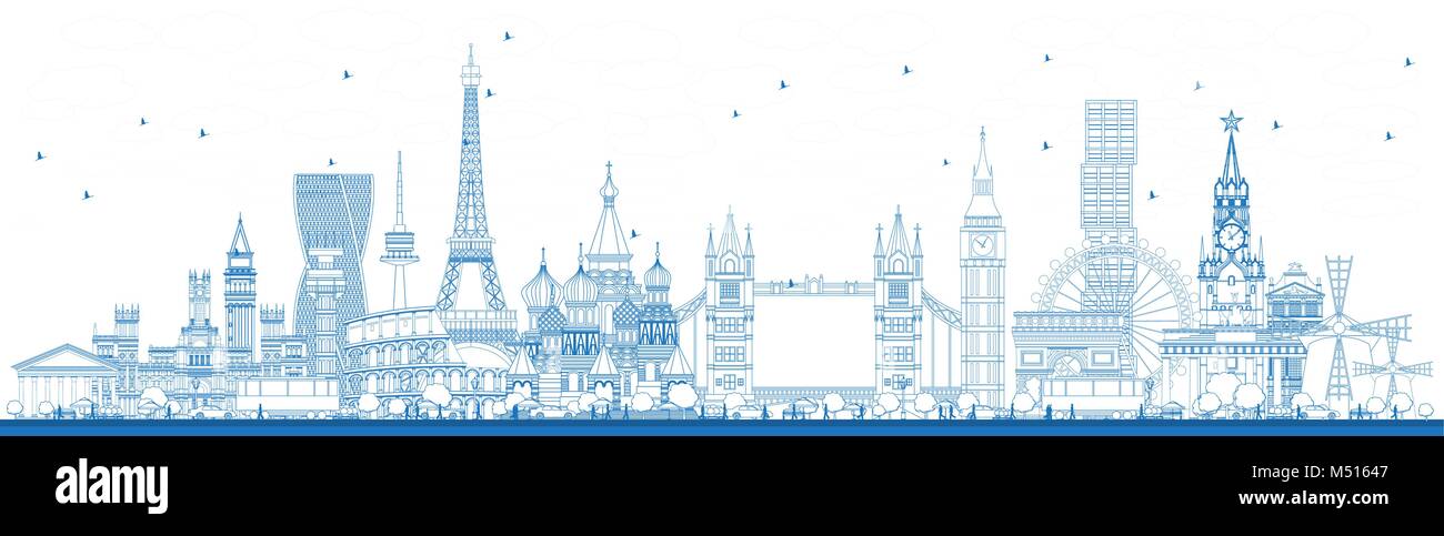 Delineare i luoghi famosi in Europa. Illustrazione Vettoriale. Viaggi di affari e turismo Concept. Illustrazione Vettoriale